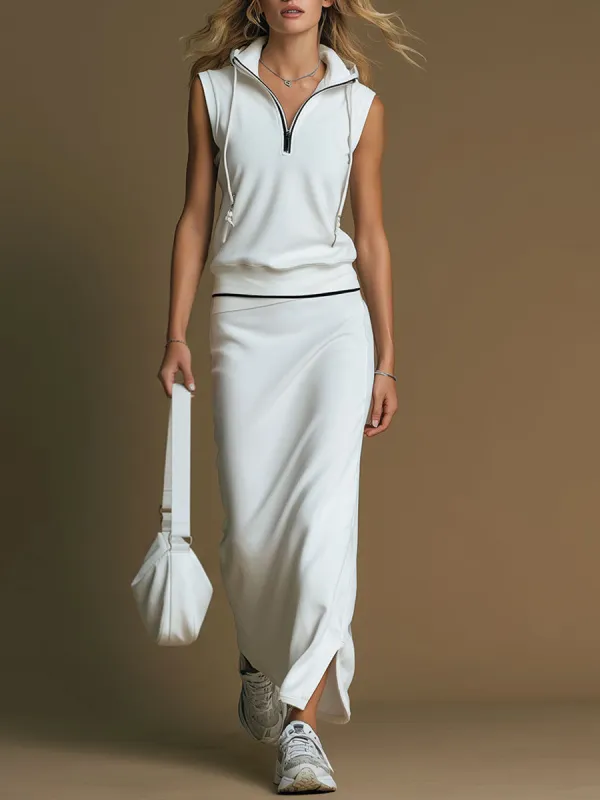 Sporty Casual Black Trim White Hooded Sleeveless Top And Skirt Set sold by Oyrosy