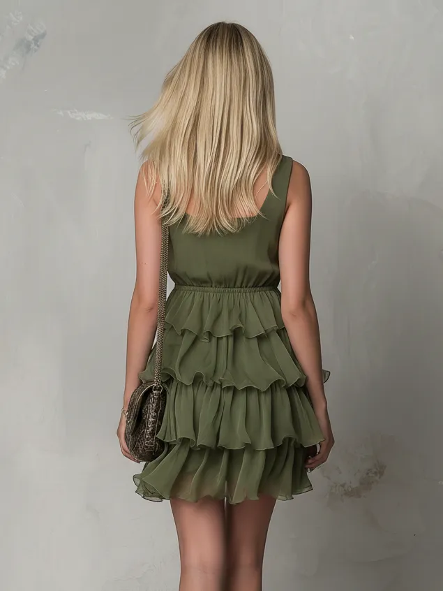 Elegant And Delicate V-neck Ruffled Sleeveless Chiffon Mini Dress sold by Oyrosy product image thumbnail 3