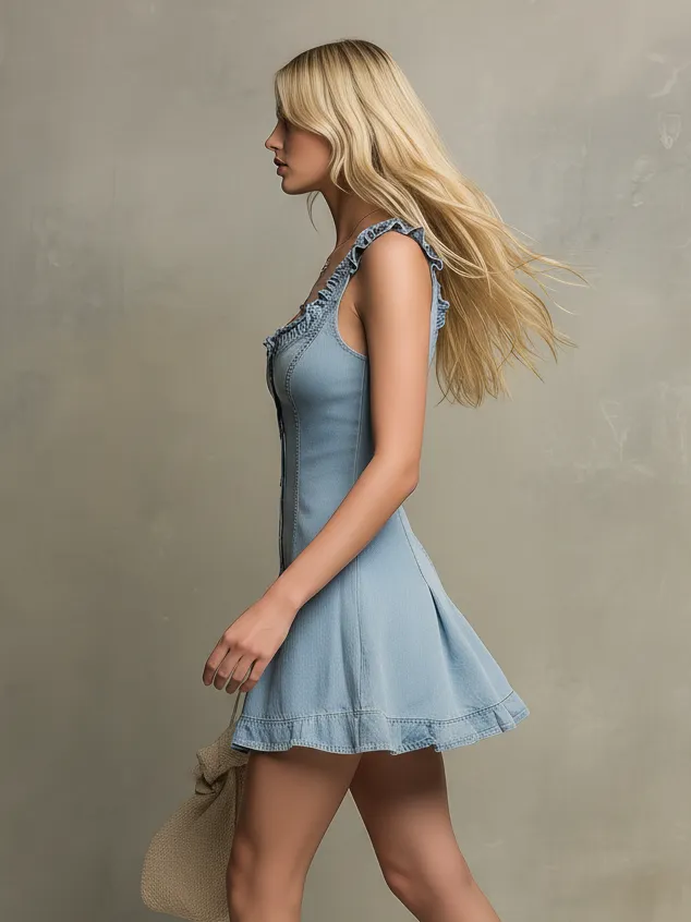 Retro-style Delicate Sweetheart Neckline Sleeveless A-line Denim Mini Dress sold by Oyrosy product image thumbnail 2