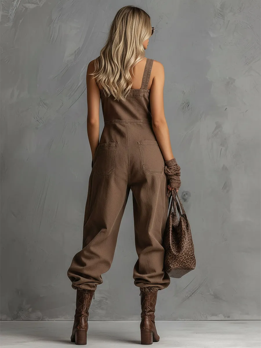 Stylish Silhouette Square Neck Front Button Closure Brown Denim Overalls Jumpsuit sold by Oyrosy product image thumbnail 4