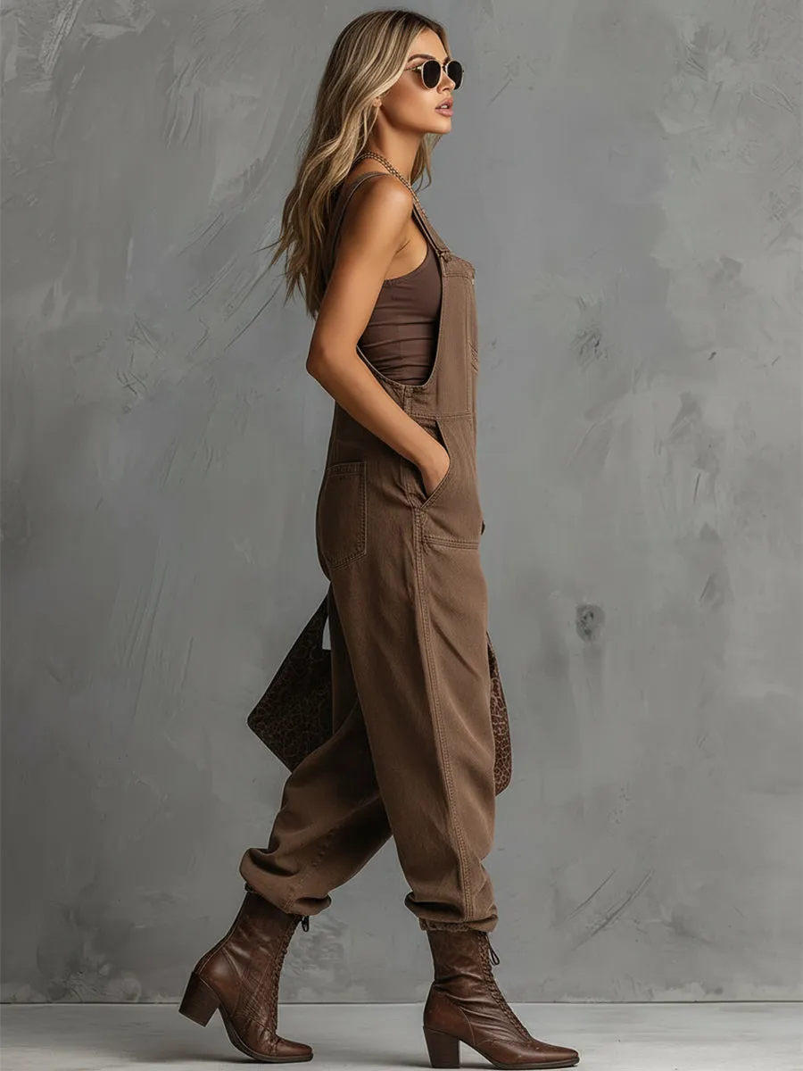 Stylish Silhouette Square Neck Front Button Closure Brown Denim Overalls Jumpsuit sold by Oyrosy product image thumbnail 3