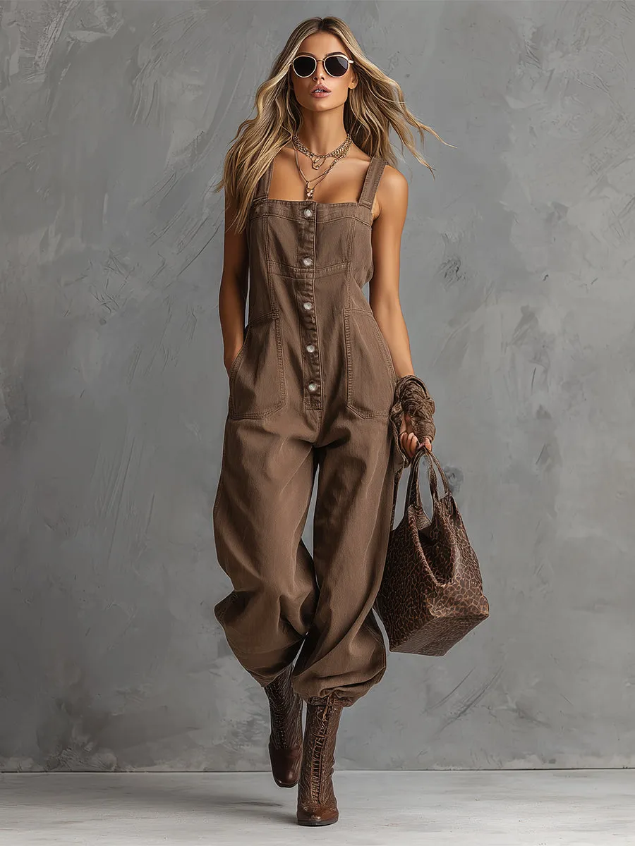 Stylish Silhouette Square Neck Front Button Closure Brown Denim Overalls Jumpsuit sold by Oyrosy product image thumbnail 2
