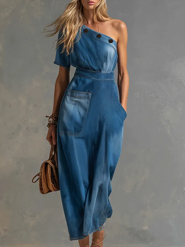 Stylish Urban Blue Denim One-shoulder Short-sleeved Maxi Dress sold by Oyrosy