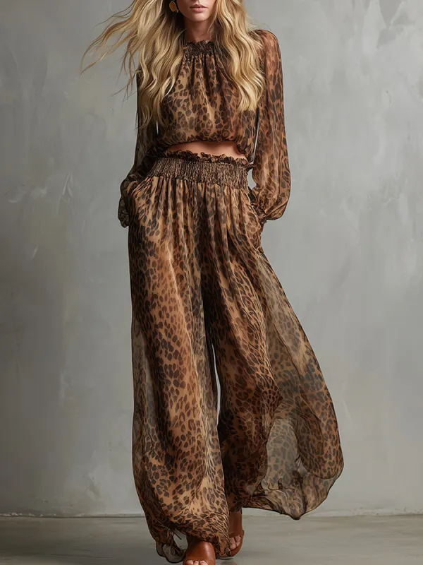 Urban Brown Leopard Print T-shirt And Wide-leg Pants Set made by Oyrosy