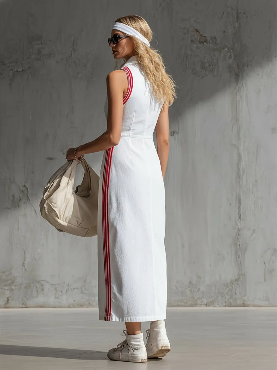Stylish Sporty Striped-trim White Cotton Collared Sleeveless Maxi Dress sold by Oyrosy product image thumbnail 4