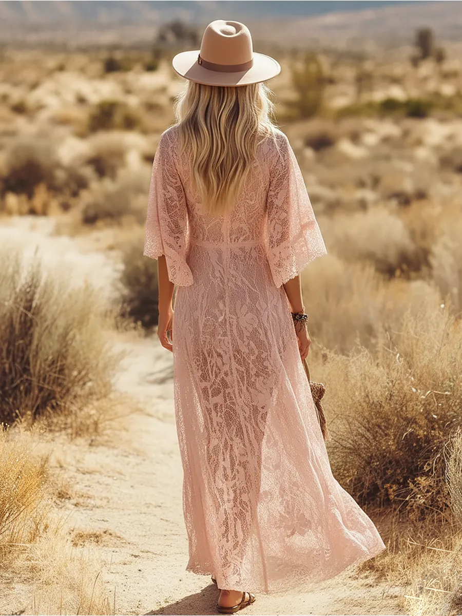 Retro Western Style V-neck Short Sleeve Side Slit Lace Midi Dress sold by Oyrosy product image thumbnail 3