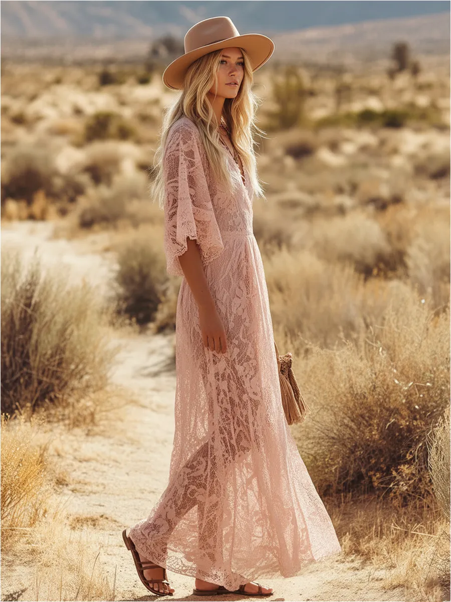 Retro Western Style V-neck Short Sleeve Side Slit Lace Midi Dress sold by Oyrosy product image thumbnail 2