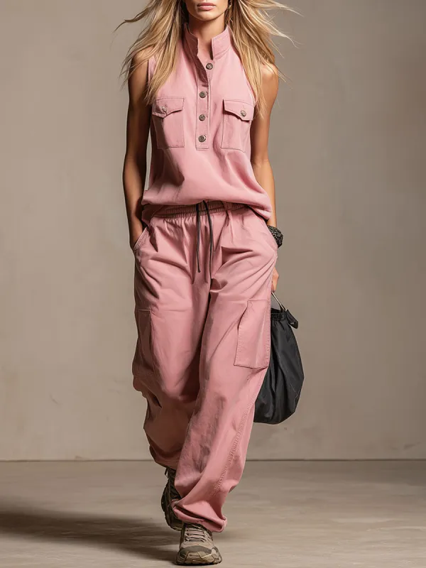 Stand-collar Half-open Neck Sleeveless Top And Trousers Set sold by Oyrosy