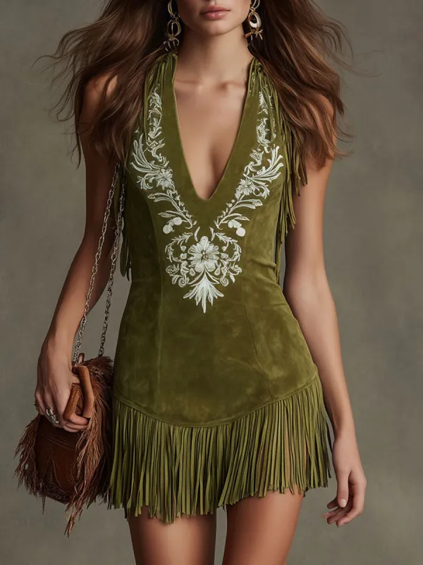 Western Retro Military Green Faux Suede Embroidered Tassel Sleeveless Mini Dress sold by Oyrosy