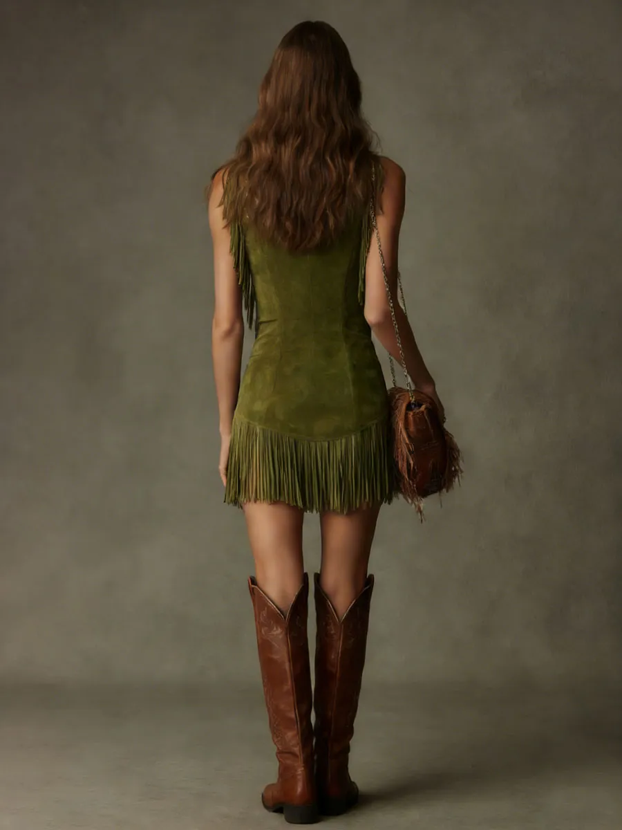 Western Retro Military Green Faux Suede Embroidered Tassel Sleeveless Mini Dress sold by Oyrosy product image thumbnail 4
