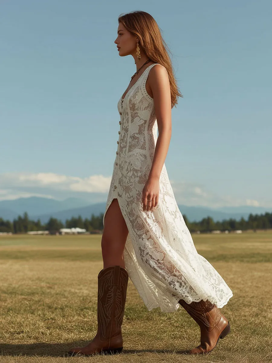 Western Retro White Lace Sleeveless Slit Maxi Dress sold by Oyrosy product image thumbnail 4