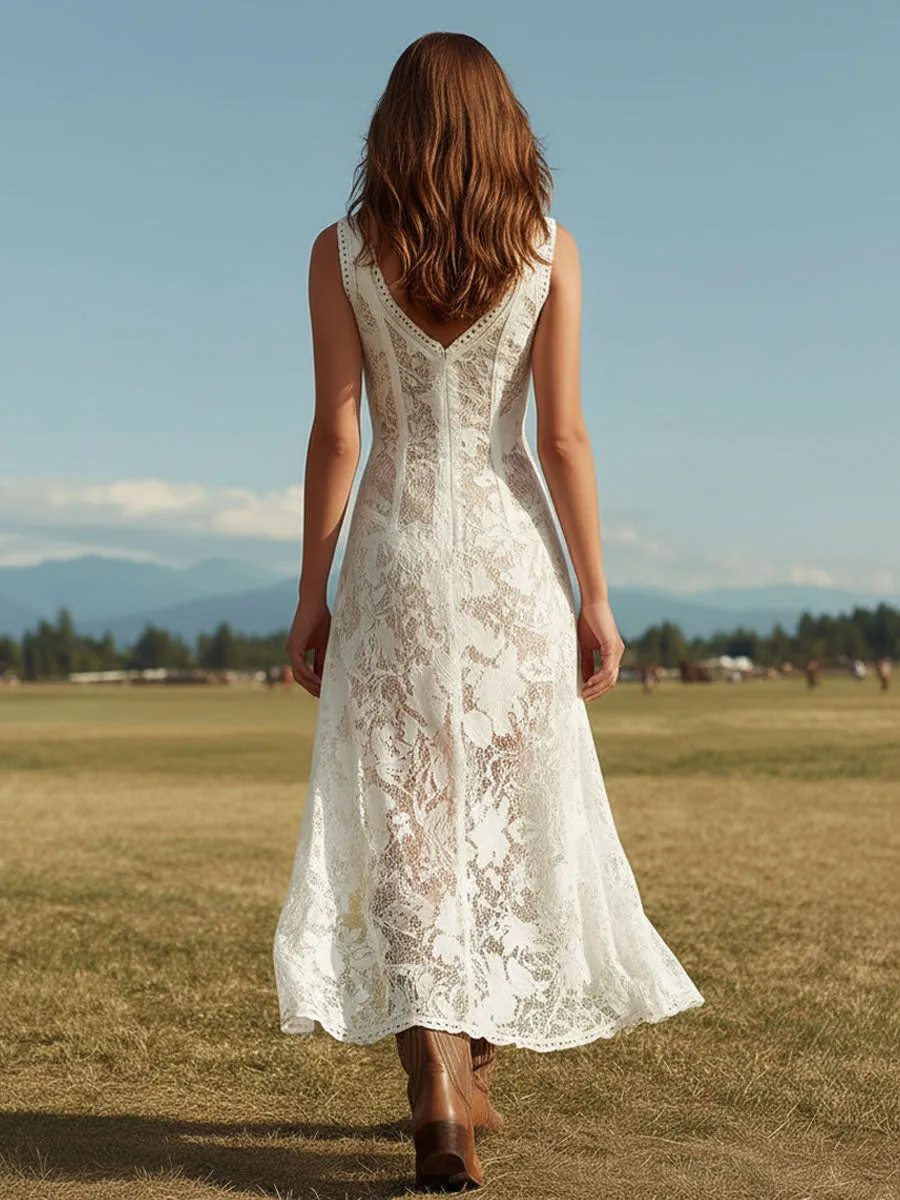 Western Retro White Lace Sleeveless Slit Maxi Dress sold by Oyrosy product image thumbnail 3