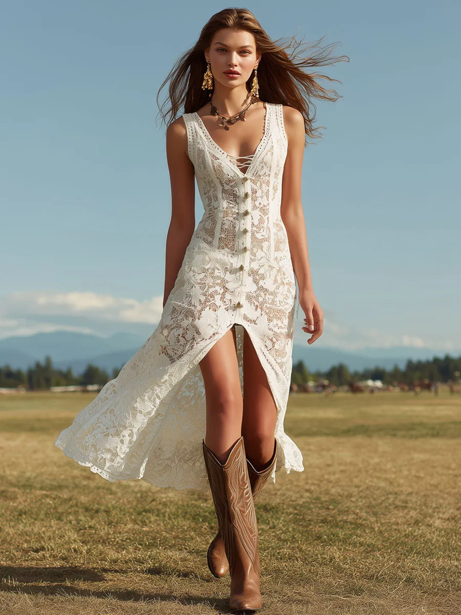 Western Retro White Lace Sleeveless Slit Maxi Dress sold by Oyrosy product image thumbnail 2