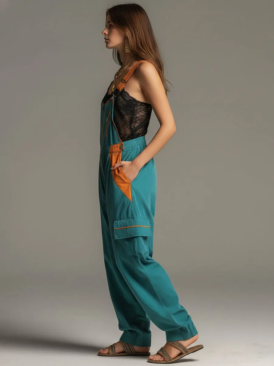 Casual Retro Orange And Lake Blue Cotton Overalls sold by Oyrosy product image thumbnail 3