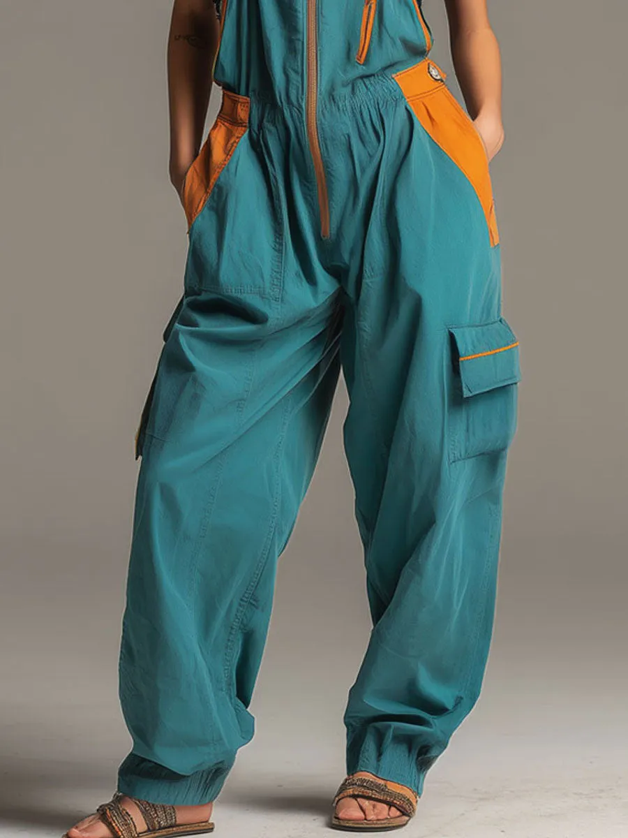 Casual Retro Orange And Lake Blue Cotton Overalls sold by Oyrosy product image thumbnail 5