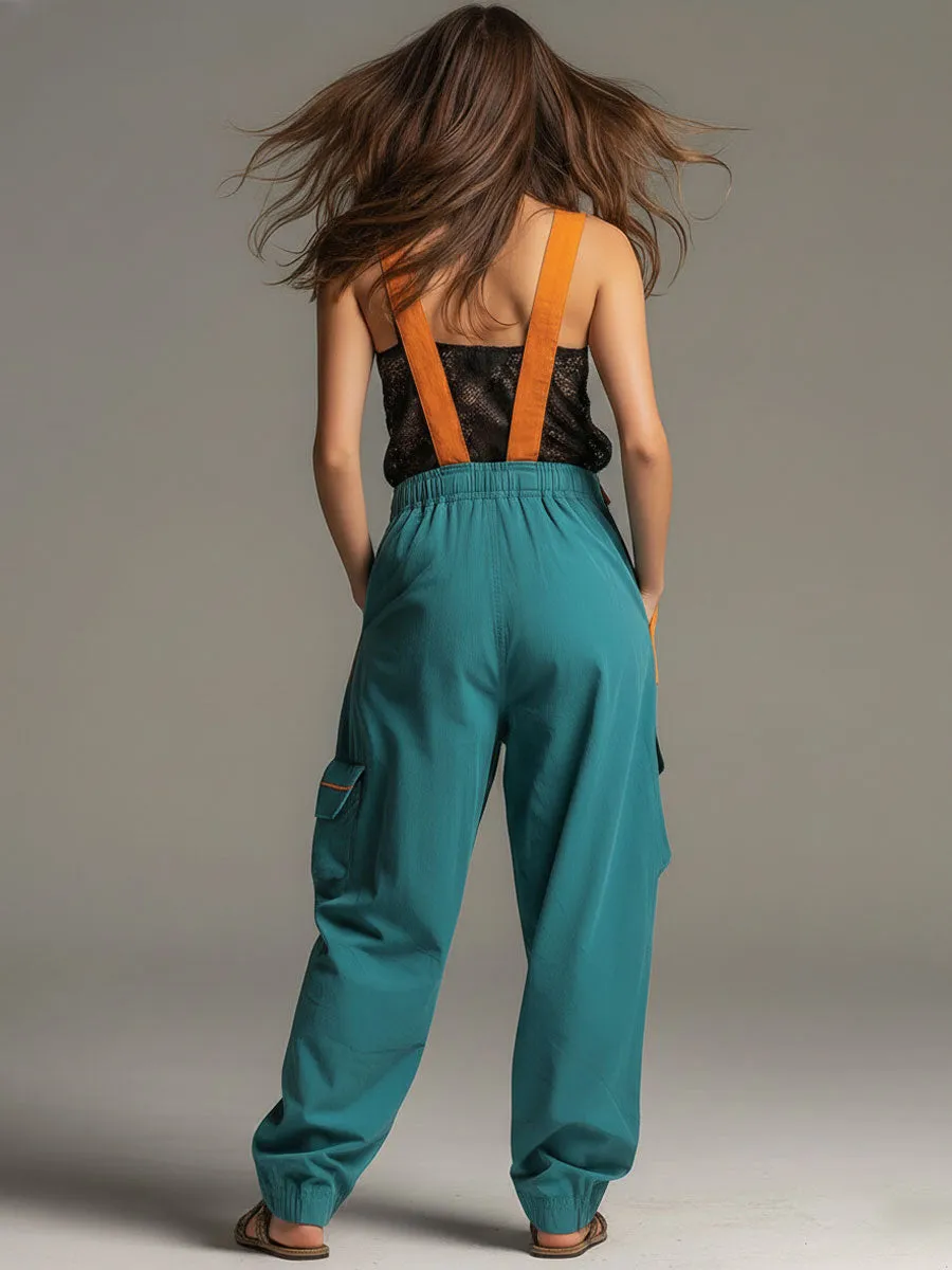 Casual Retro Orange And Lake Blue Cotton Overalls sold by Oyrosy product image thumbnail 4