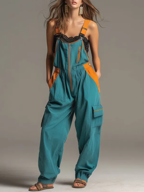 Casual Retro Orange And Lake Blue Cotton Overalls made by Oyrosy