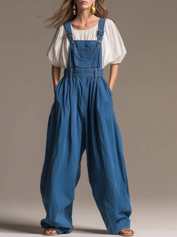 Casual Retro Blue Denim Wide-leg Overalls sold by Oyrosy