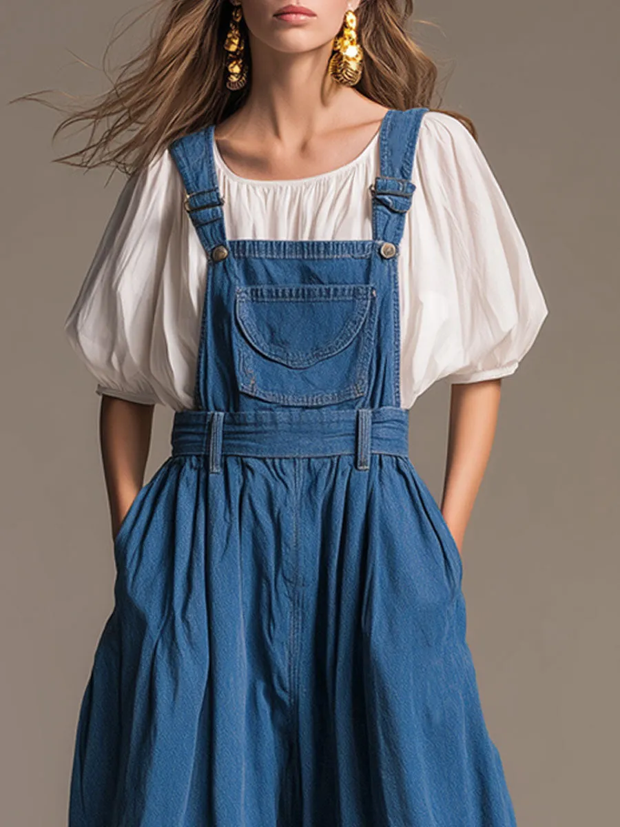 Casual Retro Blue Denim Wide-leg Overalls sold by Oyrosy product image thumbnail 5