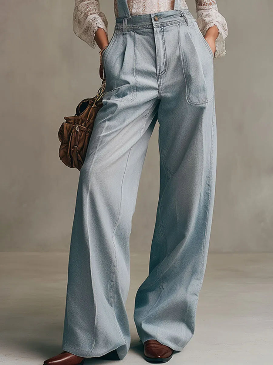Casual Retro Light Blue Denim Wide-leg Overalls sold by Oyrosy product image thumbnail 5