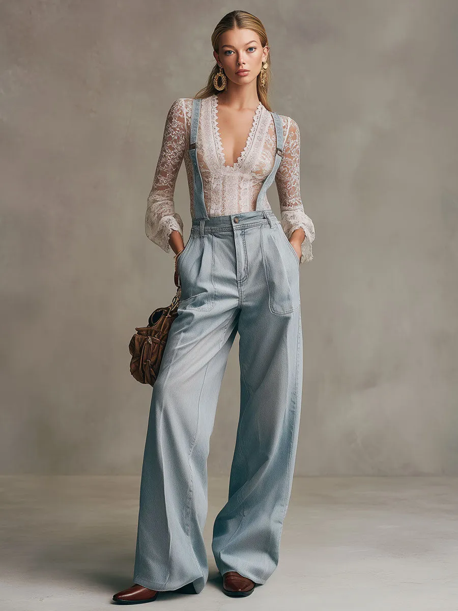 Casual Retro Light Blue Denim Wide-leg Overalls sold by Oyrosy product image thumbnail 2