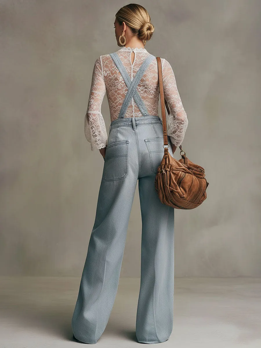 Casual Retro Light Blue Denim Wide-leg Overalls sold by Oyrosy product image thumbnail 4