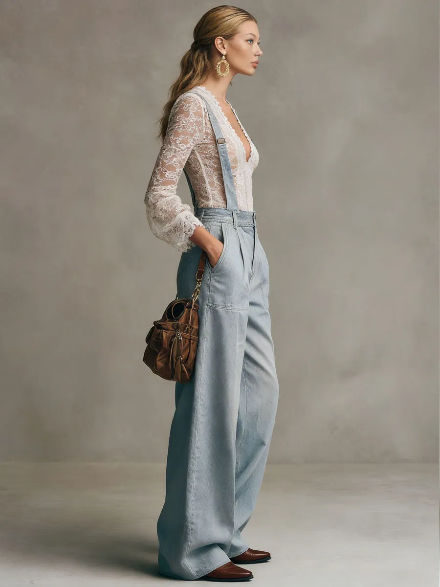 Casual Retro Light Blue Denim Wide-leg Overalls sold by Oyrosy product image thumbnail 3