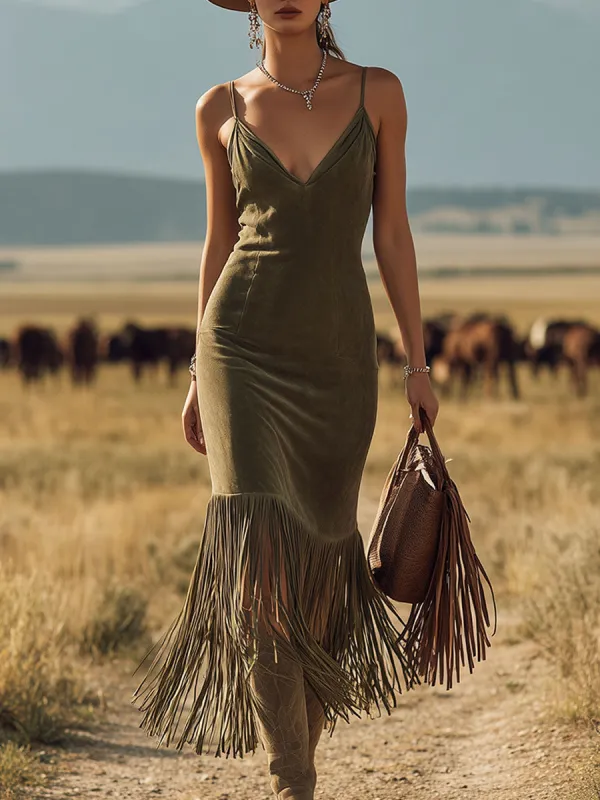 Western Retro Tassel Green Suede Midi Dress sold by Oyrosy