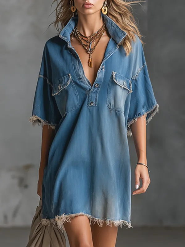 Stylish And Casual Frayed-edge Blue Denim Short-sleeved Mini Dress made by Oyrosy