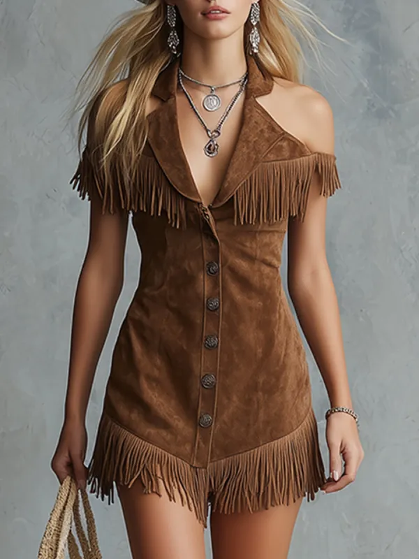 Retro Stylish Western-style Brown Faux Suede Off-the-shoulder Lapel Mini Dress sold by Oyrosy