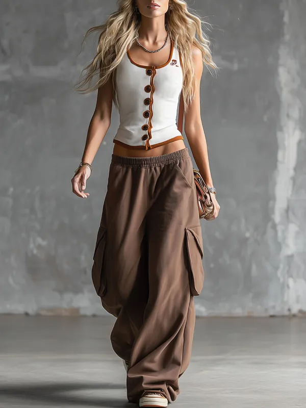 Stylish Sporty White Tank Top And Brown Sweatpants Set sold by Oyrosy