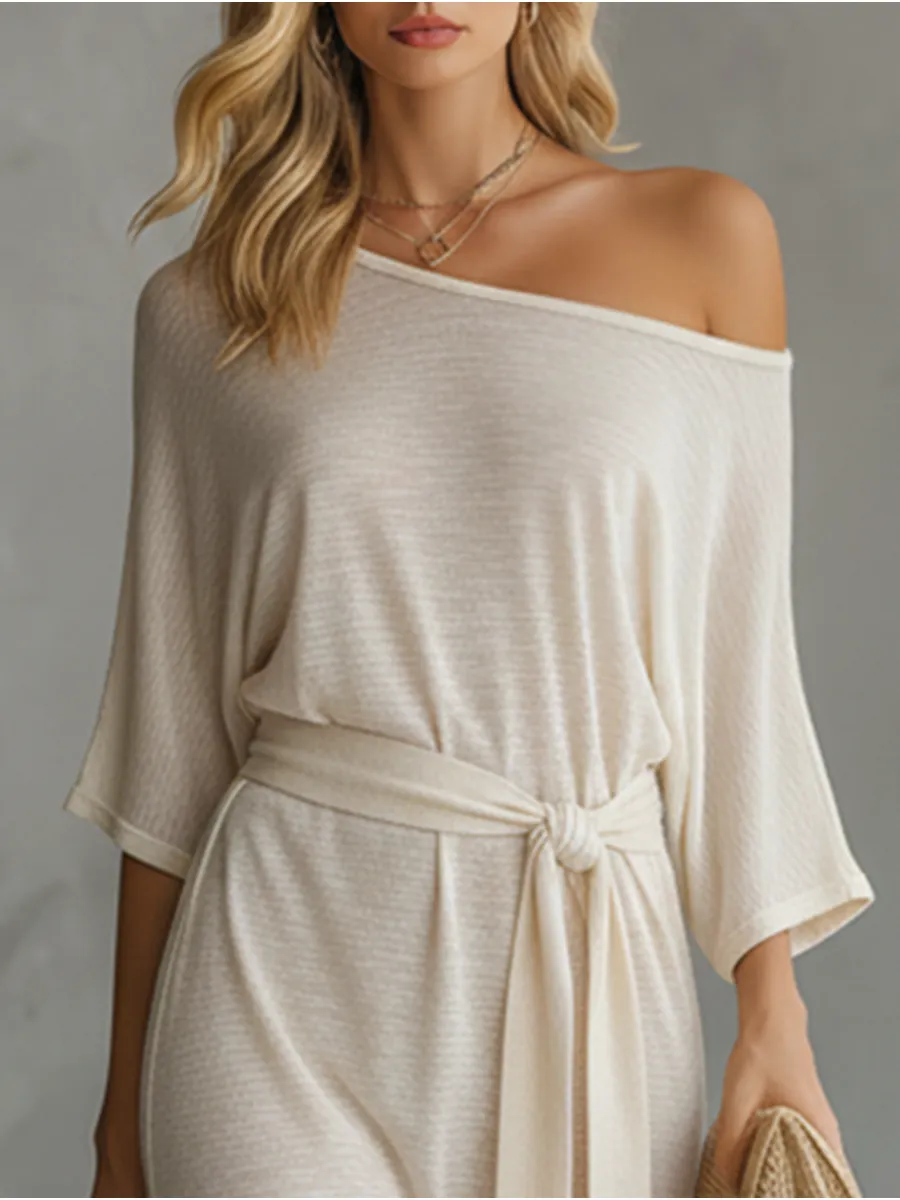 Lazy And Elegant Off-shoulder Short-sleeved Slit Midi Dress sold by Oyrosy product image thumbnail 5