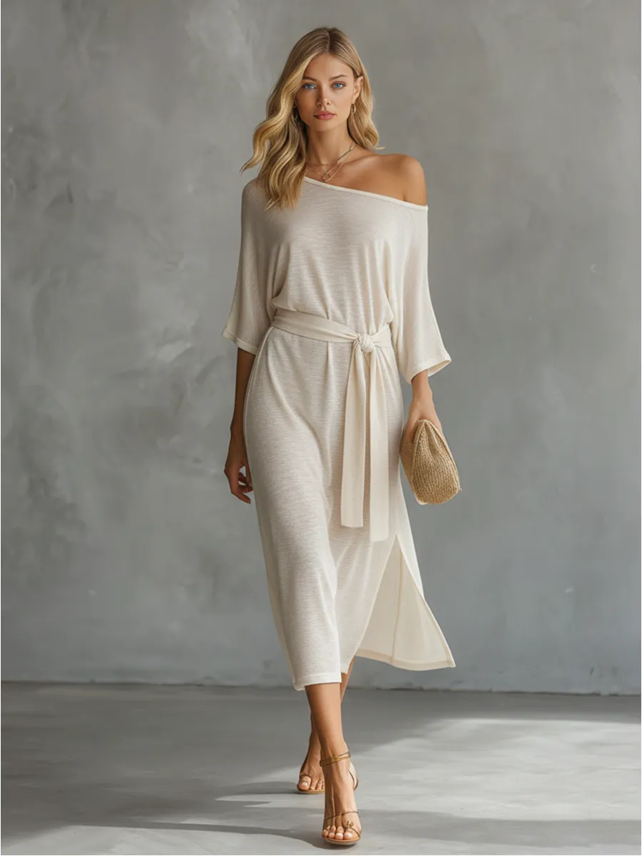 Lazy And Elegant Off-shoulder Short-sleeved Slit Midi Dress sold by Oyrosy product image thumbnail 4