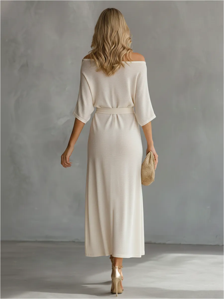 Lazy And Elegant Off-shoulder Short-sleeved Slit Midi Dress sold by Oyrosy product image thumbnail 3