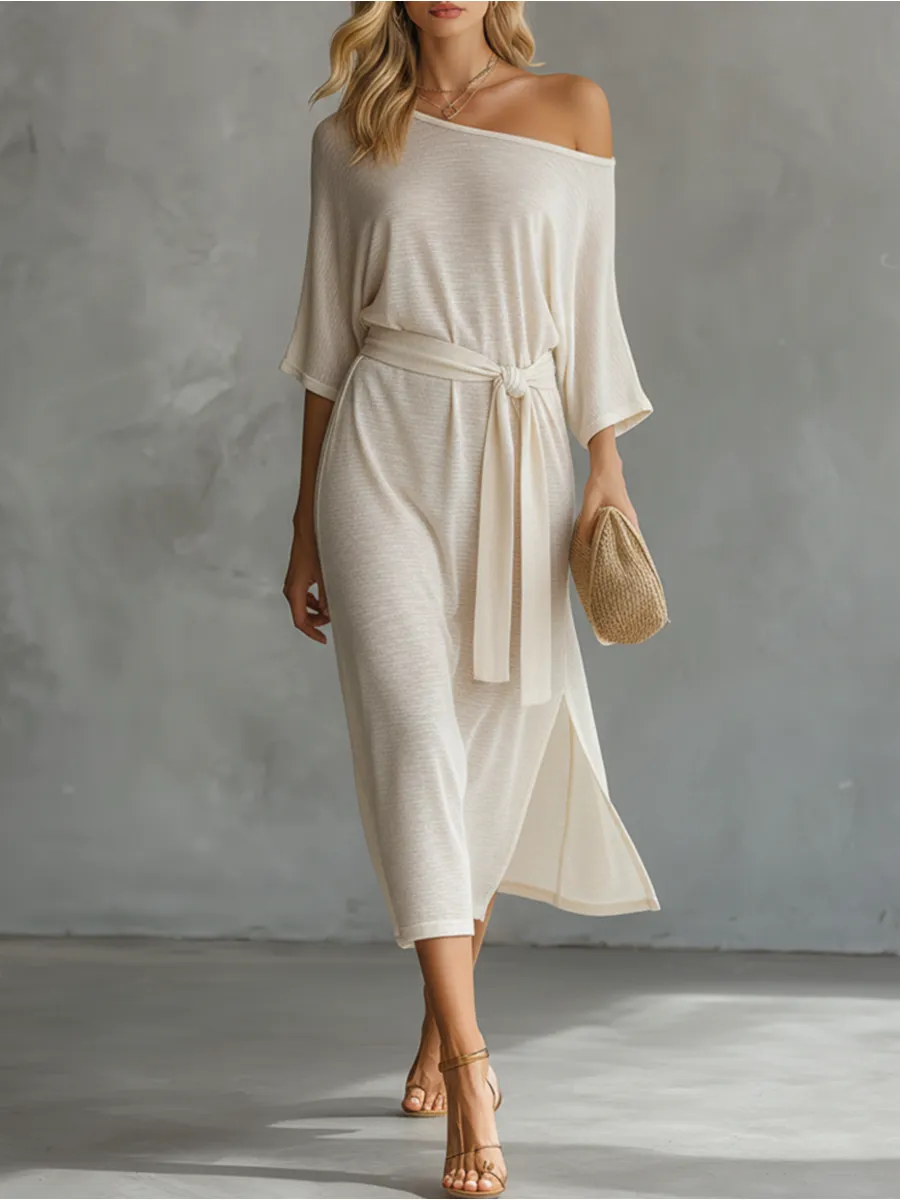 Lazy And Elegant Off-shoulder Short-sleeved Slit Midi Dress sold by Oyrosy