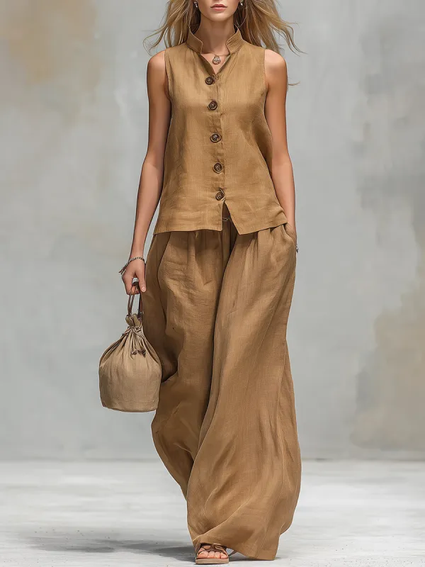 Comfortable And Casual V-neck Sleeveless Button-down Top And Trousers Set sold by Oyrosy