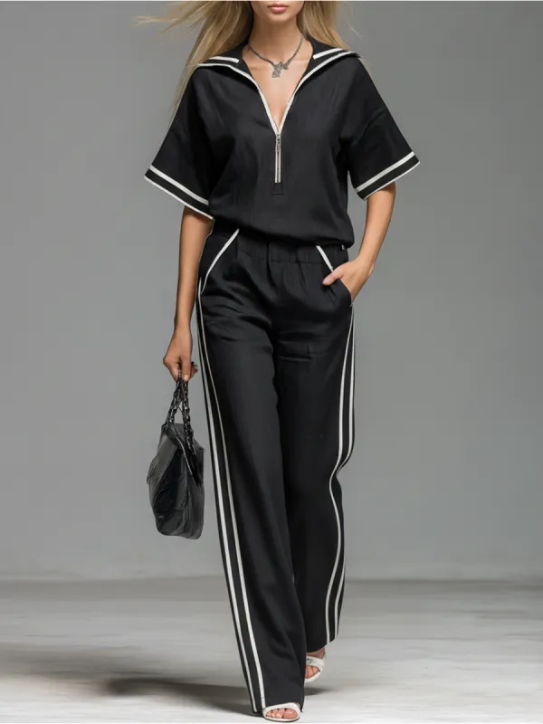 Casual And Comfortable Lapel Collar Zip-up Batwing Short-sleeved Top And Trousers Set sold by Oyrosy