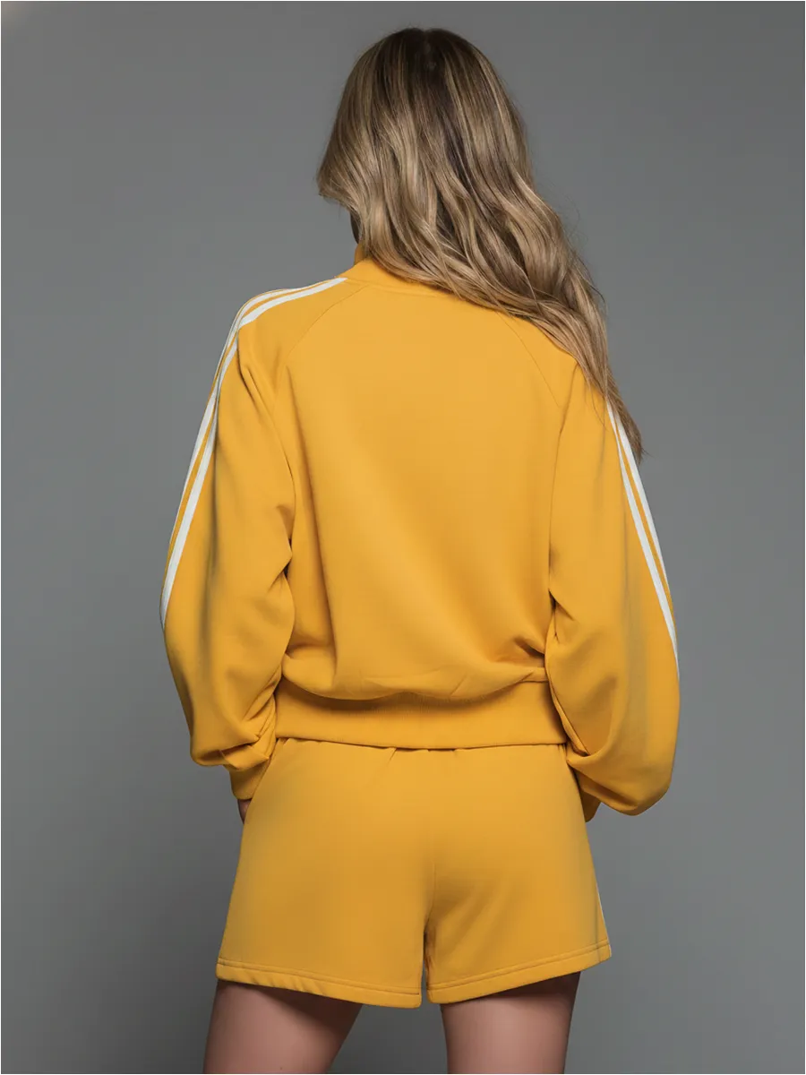 Sporty Casual Collared Zip-up Long-sleeved Top And Shorts Set sold by Oyrosy product image thumbnail 3