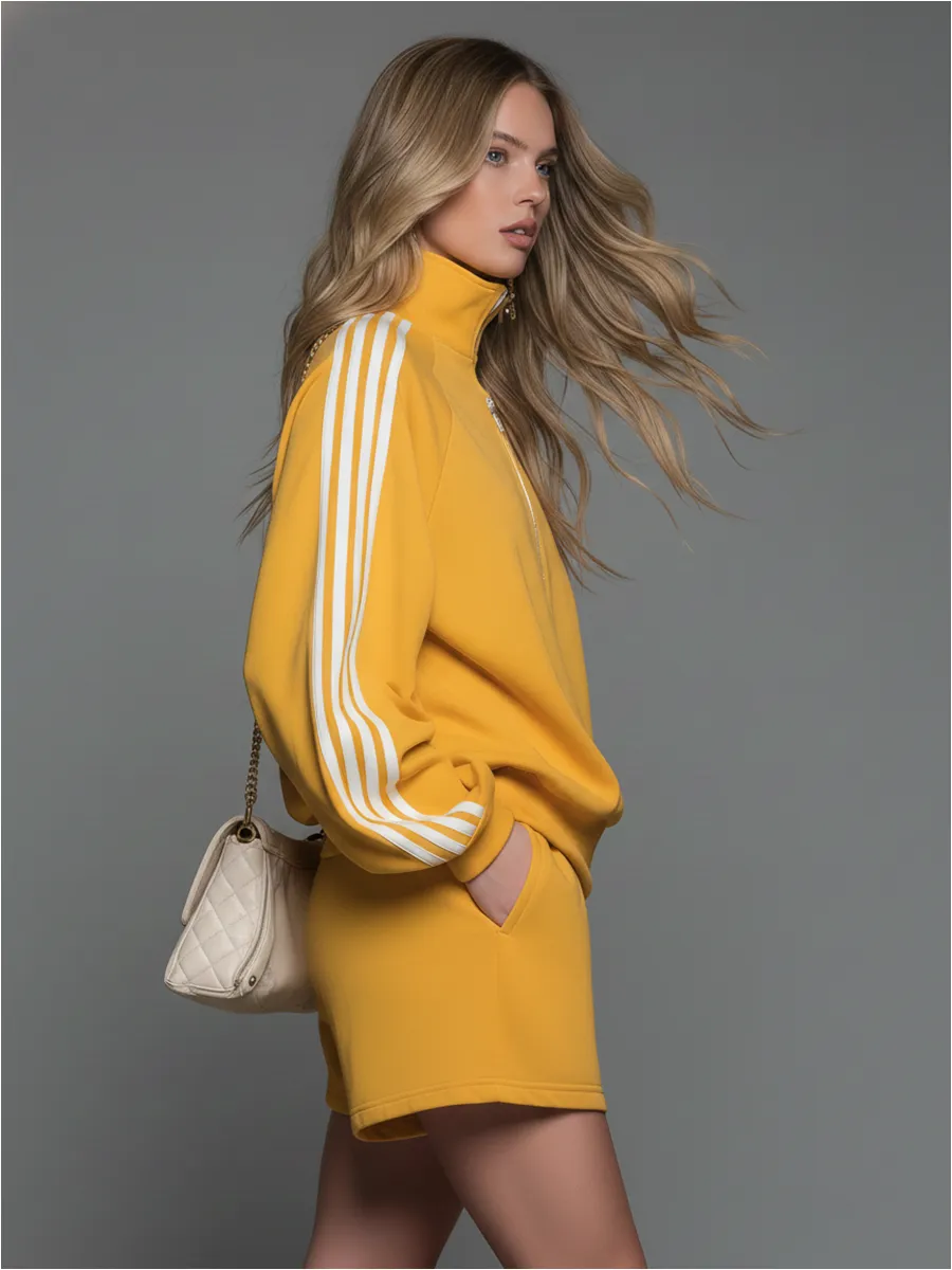 Sporty Casual Collared Zip-up Long-sleeved Top And Shorts Set sold by Oyrosy product image thumbnail 2