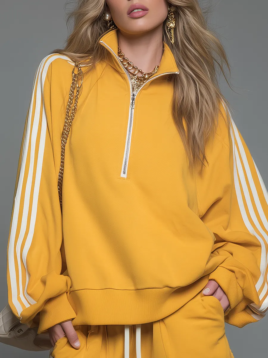 Sporty Casual Collared Zip-up Long-sleeved Top And Shorts Set sold by Oyrosy product image thumbnail 5