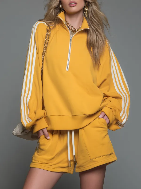 Sporty Casual Collared Zip-up Long-sleeved Top And Shorts Set made by Oyrosy