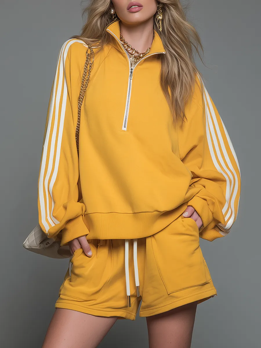 Sporty Casual Collared Zip-up Long-sleeved Top And Shorts Set sold by Oyrosy