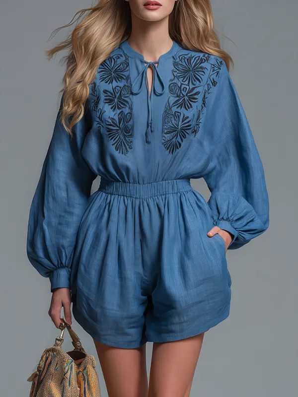 Casual And Comfortable Embroidered Crew Neck Long-sleeved And Shorts Set made by Oyrosy