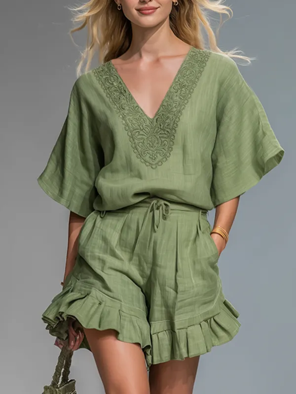 Relaxed And Comfortable V-neck Embroidered Short-sleeved Top And Shorts Set made by Oyrosy