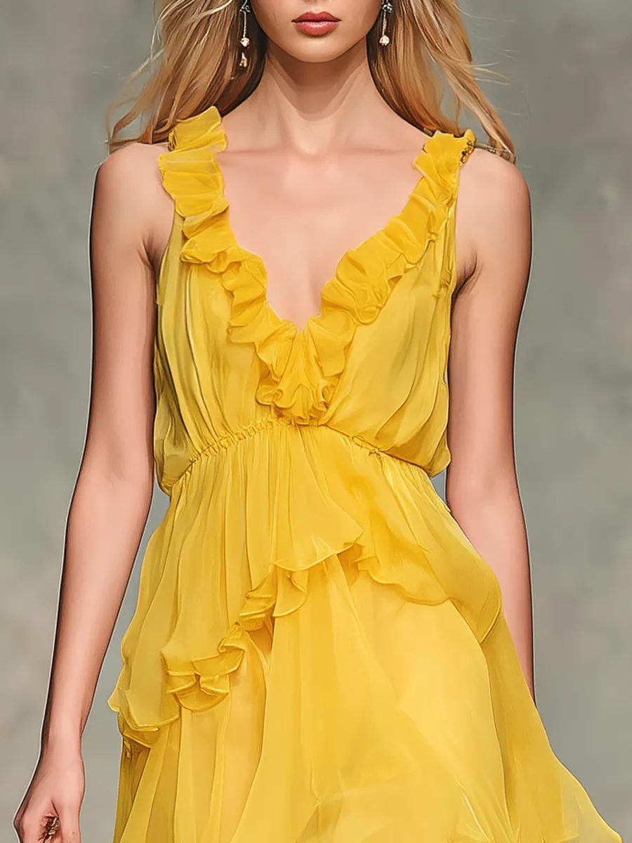 Elegant And Stylish V-neck Layered Chiffon Ruffles Maxi Dress sold by Oyrosy product image thumbnail 5