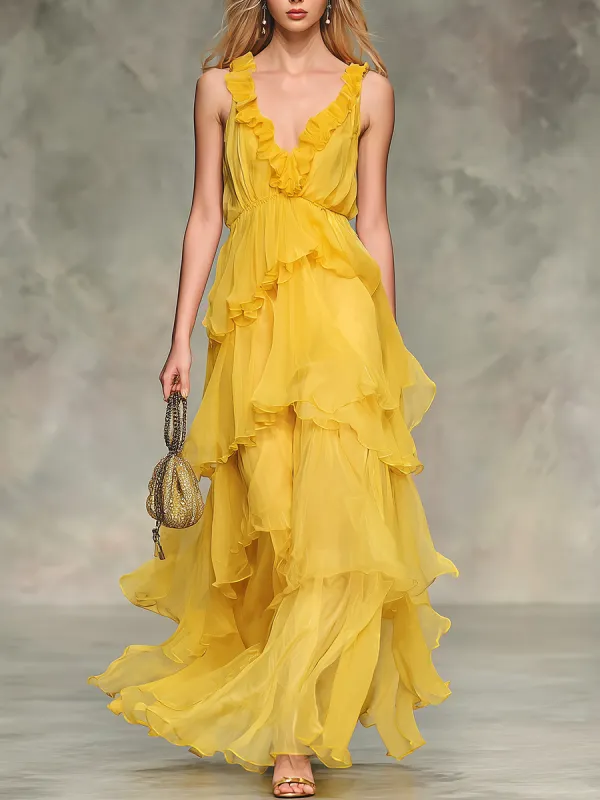 Elegant And Stylish V-neck Layered Chiffon Ruffles Maxi Dress sold by Oyrosy