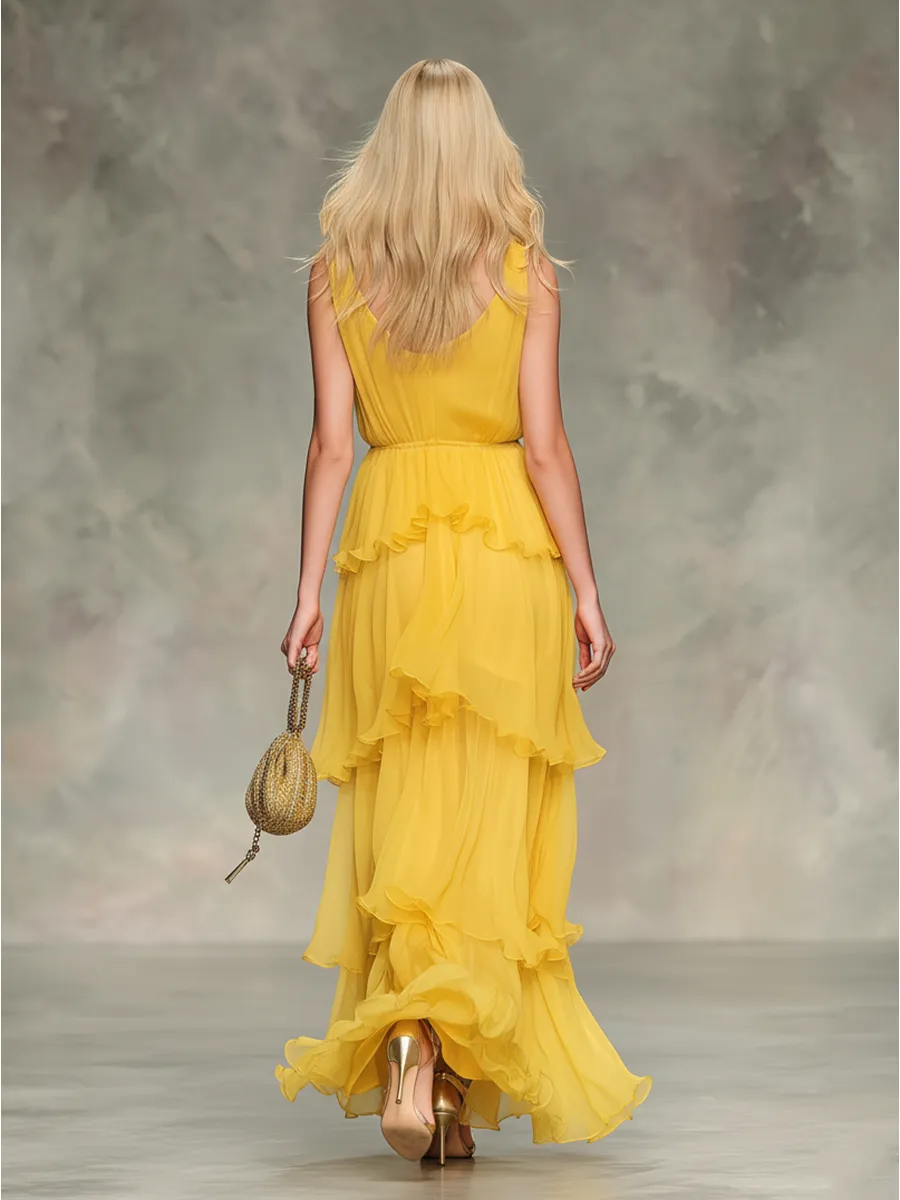 Elegant And Stylish V-neck Layered Chiffon Ruffles Maxi Dress sold by Oyrosy product image thumbnail 3