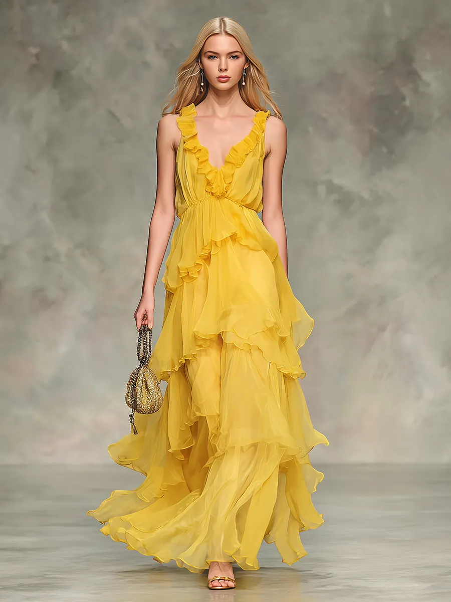 Elegant And Stylish V-neck Layered Chiffon Ruffles Maxi Dress sold by Oyrosy product image thumbnail 4