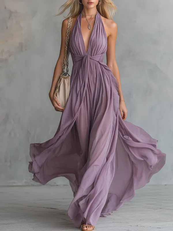 Elegant And Stylish Halter Neck V-neck Sleeveless Chiffon Maxi Dress sold by Oyrosy