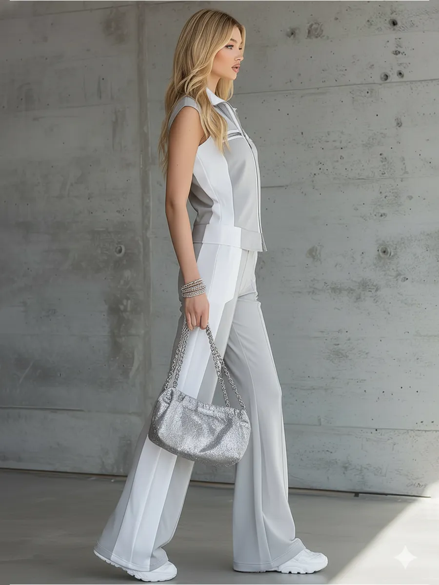 Retro Sporty Color-blocked Zip-up T-shirt And Wide-leg Pants Set sold by Oyrosy product image thumbnail 2